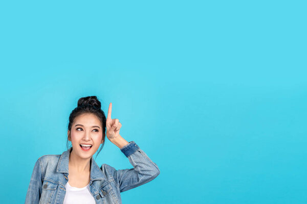 Happy Asian Woman Feeling Happiness Standing Pointing Hands Copyspace Blue Royalty Free Stock Photos
