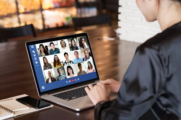 Back View Business Woman Team Laptop Screen Talking Discussion Video Stock Photo