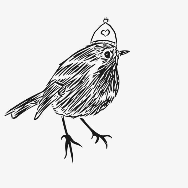 クリスマスをテーマにしたハートの帽子の中のロビン鳥のスケッチ 帽子の中の鳥の黒白の子供っぽいイラスト — ストック写真