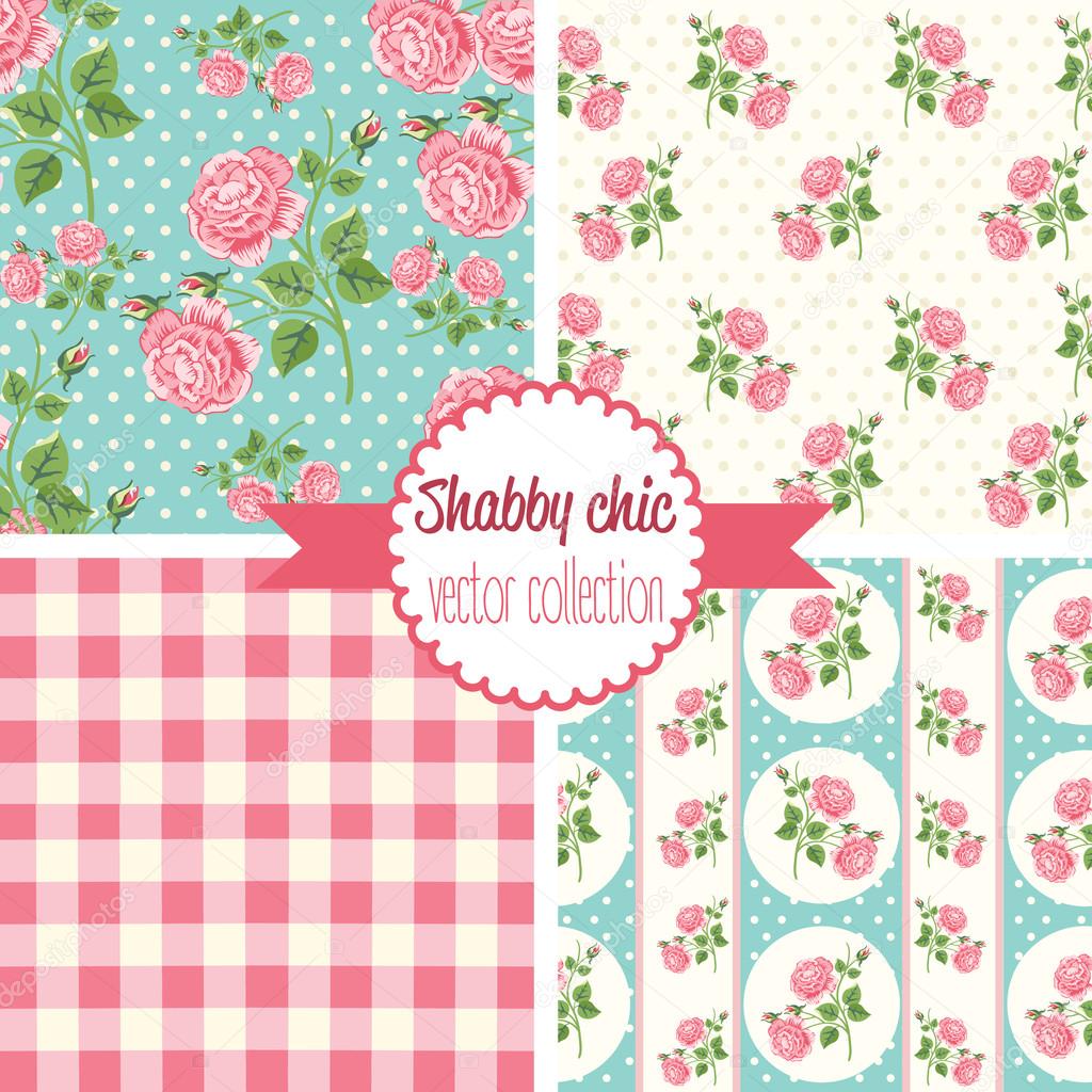 Shabby Chic Rose Patterns. Set seamless pattern. Vintage floral pattern, backgrounds. 
