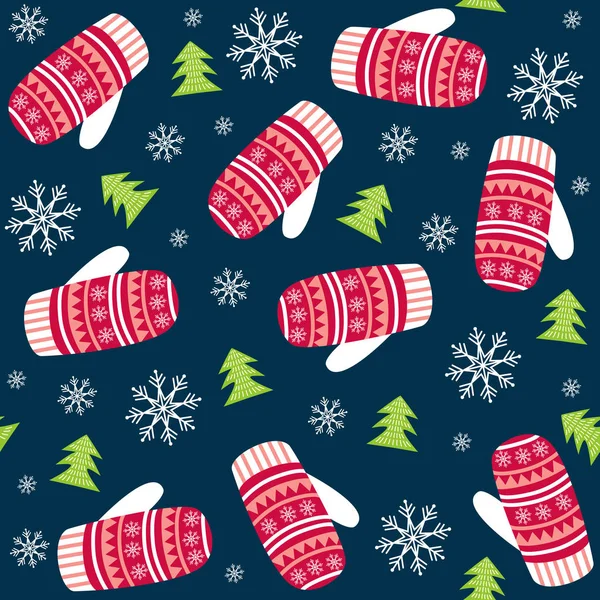 Weihnachten und Neujahr Muster mit Fäustlingen und Weihnachtsbäumen. — Stockvektor