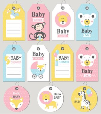 Hediye etiketleri ve kartları duş bebek. Bebek varış ayarla.