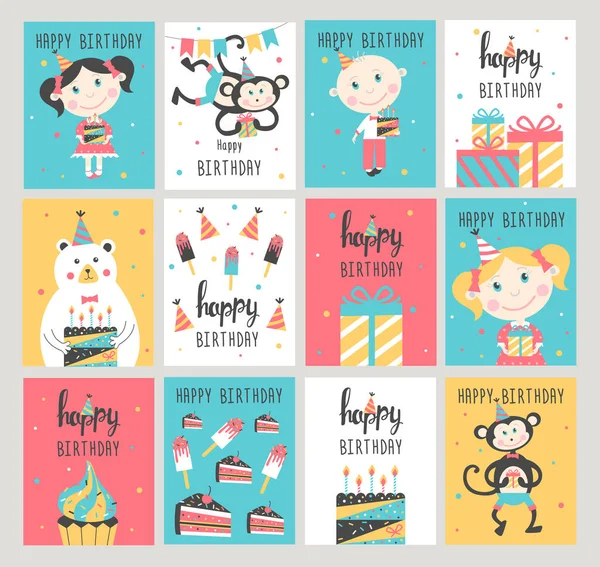 Conjunto de tarjetas de feliz cumpleaños. — Archivo Imágenes Vectoriales