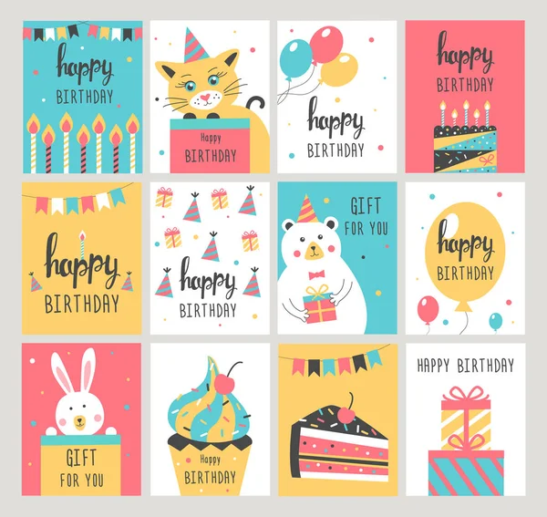 Conjunto de tarjetas de feliz cumpleaños. — Archivo Imágenes Vectoriales