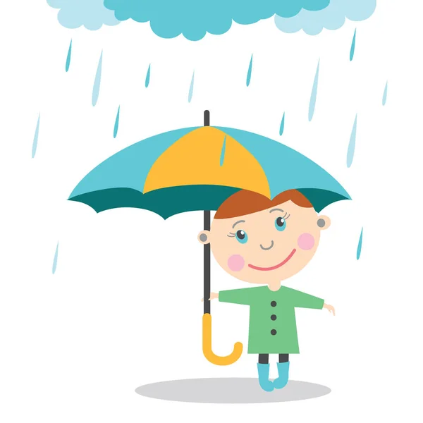 Junge mit Regenschirm steht im Regen. — Stockvektor