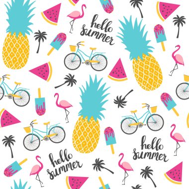 Yaz desen. Karpuz, ananas ve Bisiklet. 