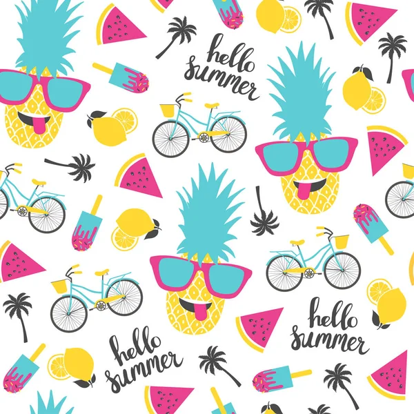 Padrão de verão. Melancia, abacaxi e bicicleta . — Vetor de Stock