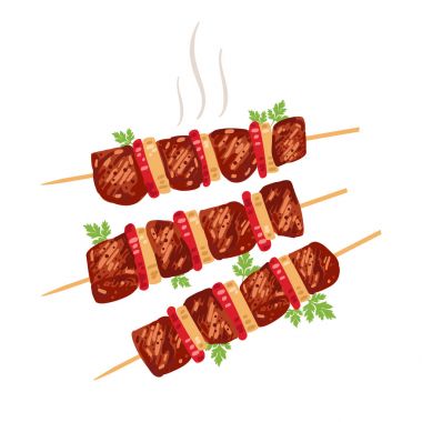 Shish kebab on skewers with onions and tomatoes.  clipart