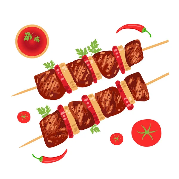 Kebab de shish em espetos com cebolas e tomates . — Vetor de Stock