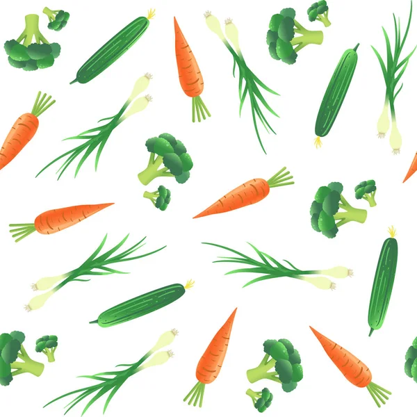 Χωρίς ραφή πρότυπο με λαχανικά. Καρότο, αγγούρι, κρεμμύδι και μπρόκολο. — Διανυσματικό Αρχείο