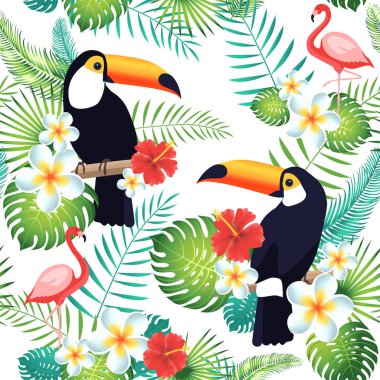 Toucans, flamingolar, egzotik yaprak ve çiçek ile tropikal seamless modeli.