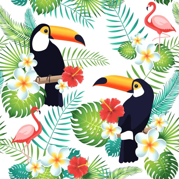 Toucans, flamingolar, egzotik yaprak ve çiçek ile tropikal seamless modeli.