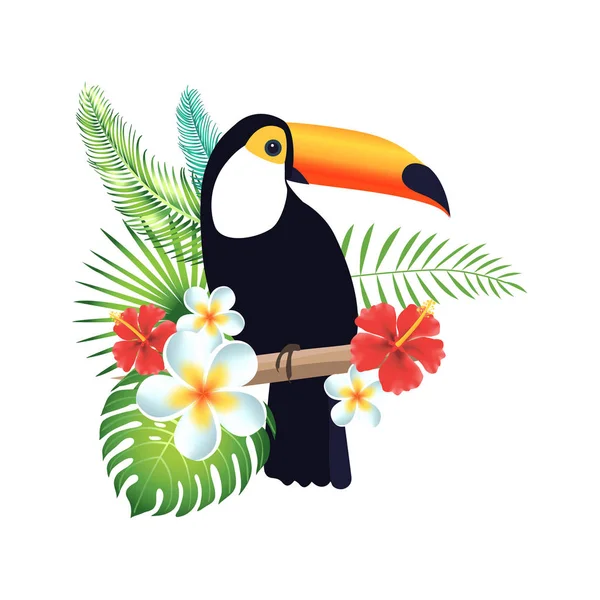 Toucan op een witte achtergrond met exotische bladeren en bloemen. — Stockvector