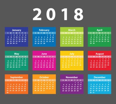 Takvim 2018 Pazar başlayan renk. 