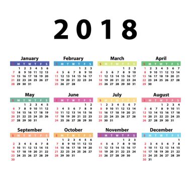 Takvim başlangıç Pazar 2018.