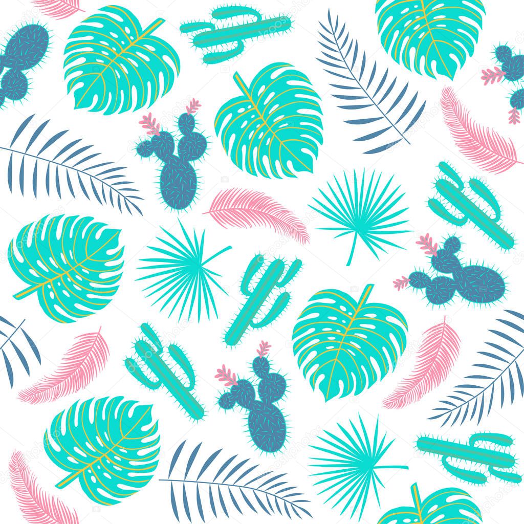 Tropical plants seamless pattern with leaves and cactuses.