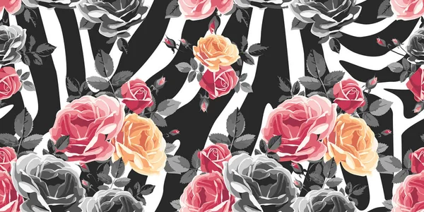 玫瑰无缝模式斑马背景上。动物抽象打印. — 图库矢量图片