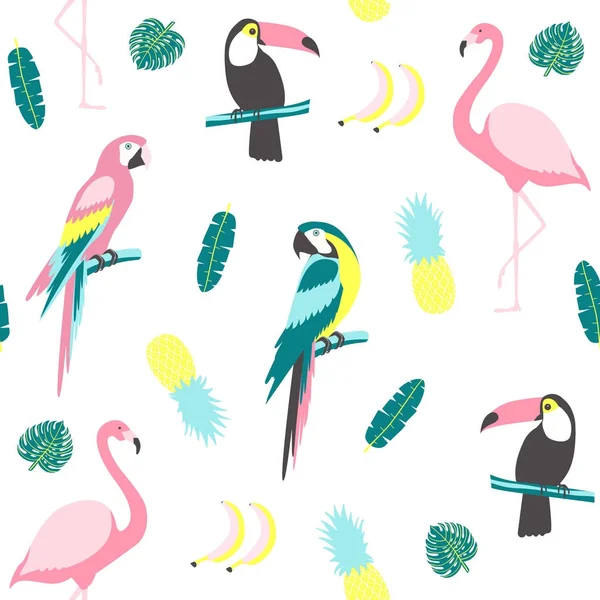 Тропический бесшовный рисунок с туканом, фламинго, попугаем, кактусом — стоковый вектор