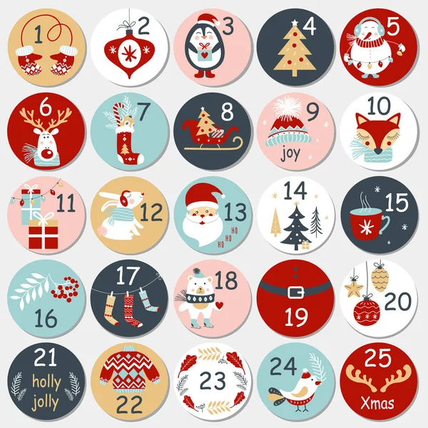 Calendario de Adviento de Navidad con elementos dibujados a mano. Cartel de Navidad . — Archivo Imágenes Vectoriales