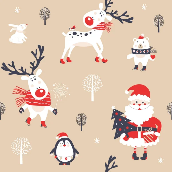 사슴과 함께 한 크리스마스 솔기없는 무늬. — 스톡 벡터