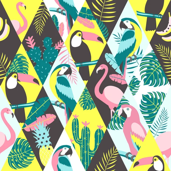 Patchwork Pattern Tropical Birds Vector Illustratio — Stock Vector