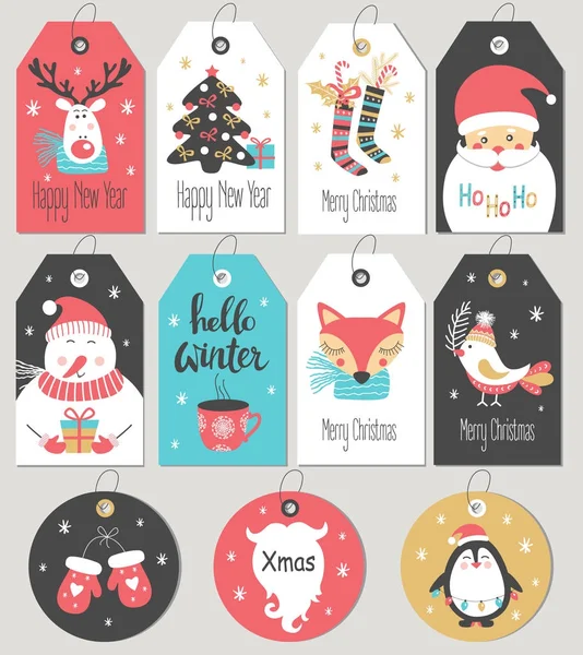 Merry Christmas ve yeni yıl hediye etiketleri ve kartları kümesi. Vektör çizim