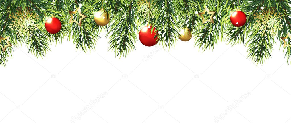 Christmas border with trees, red and gold balls and stars isolated on white background. Vector illustration eps 1