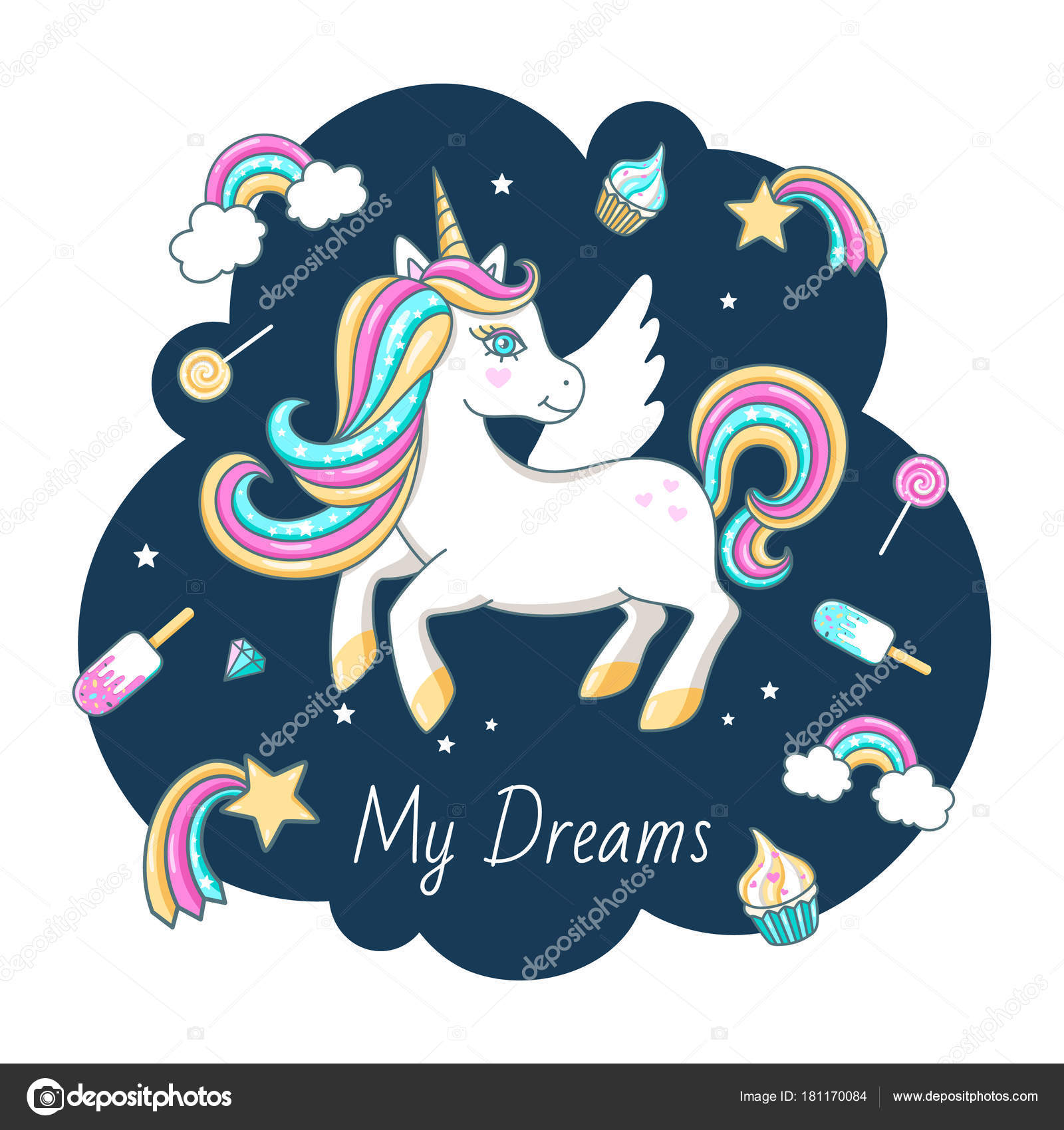 White Cute Unicorn Inscription Dreams Print Design Vector Illustration