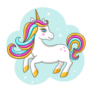 Beyaz sevimli tek boynuzlu at. Vektör çizim