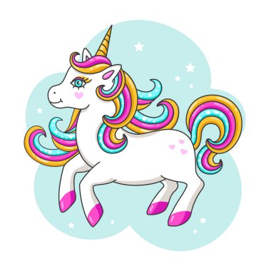 Beyaz sevimli tek boynuzlu at. Vektör çizim