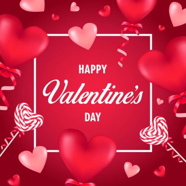 Mutlu Sevgililer günü kartı kırmızı kalp şeklinde balonlar ve lolipop. Vektör illustratio