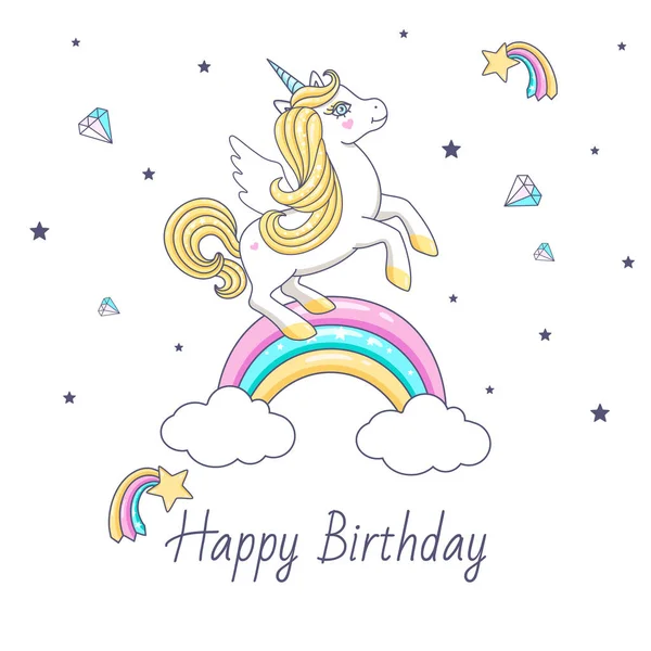 Happy Birthday Card Cute Unicorn Vector Illustration — Stock Vector