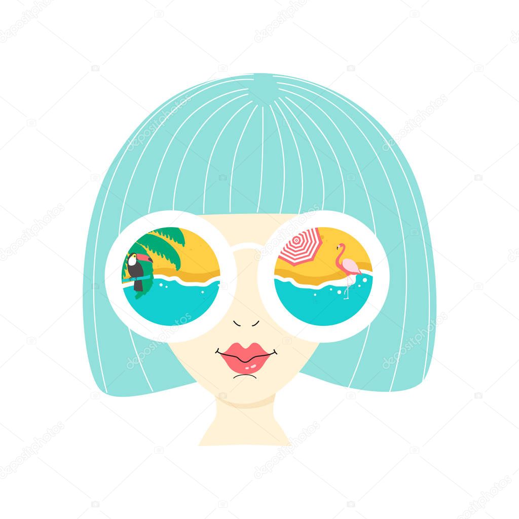 Summer Holiday poster. Face of girl in sunglasses. Vector illustration