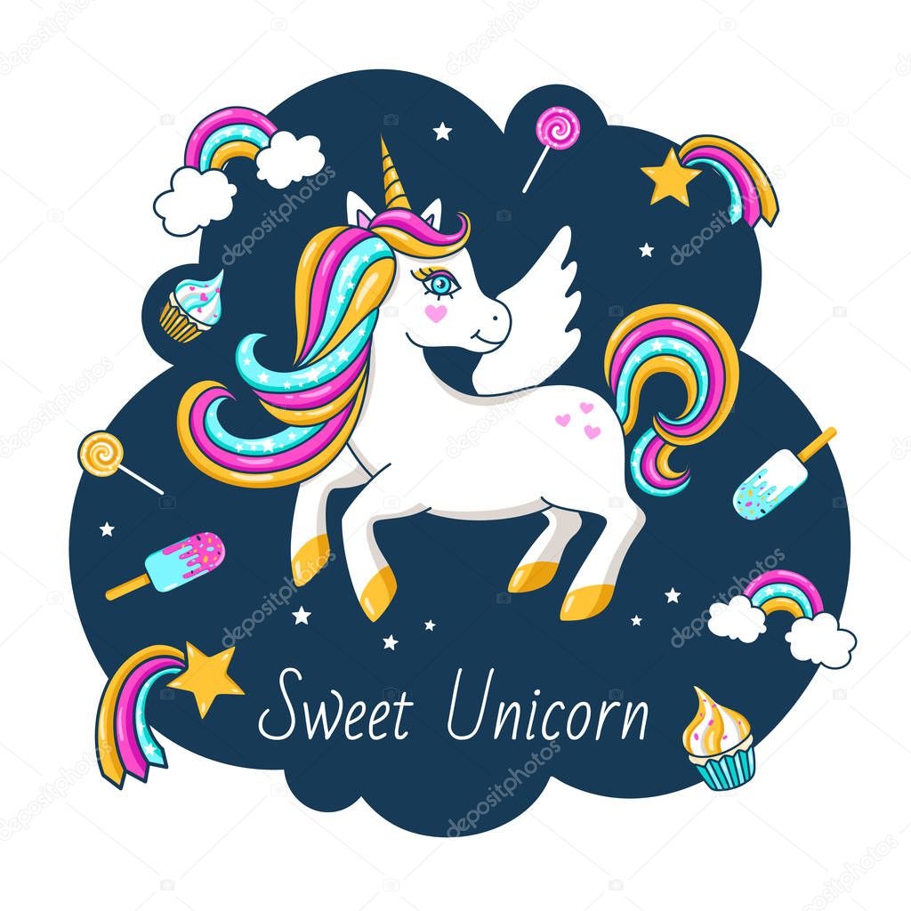 White cute unicorn with inscription - Sweet unicorn. For print design. Vector  Illustration