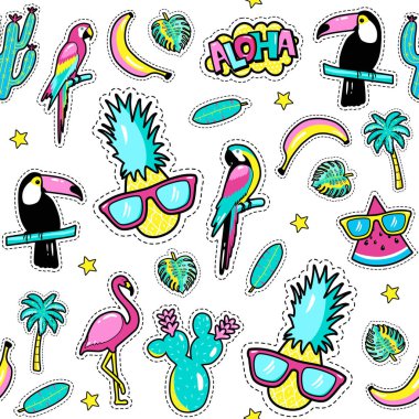 Seamless pattern with fashion patch badges with toucan, flamingo, parrot, exotic leaves, hearts, stars, speech bubbles, pineapple. Vector illustration in cartoon 80s-90s style clipart
