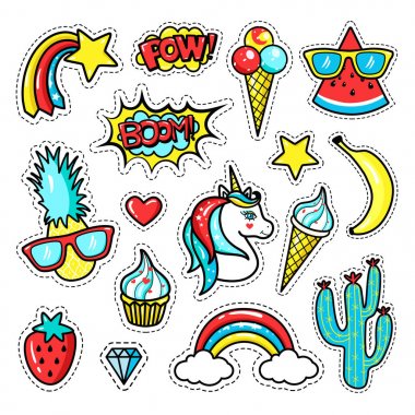 Fashion patch badges with unicorn, lips, hearts, stars, speech bubbles, rainbow; pineapple. Vector illustration in cartoon 80s-90s style. clipart