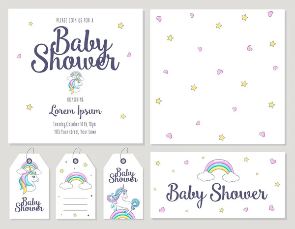 Tarjeta Baby Shower Con Unicornio Lindo Ilustración Vectorial — Archivo Imágenes Vectoriales