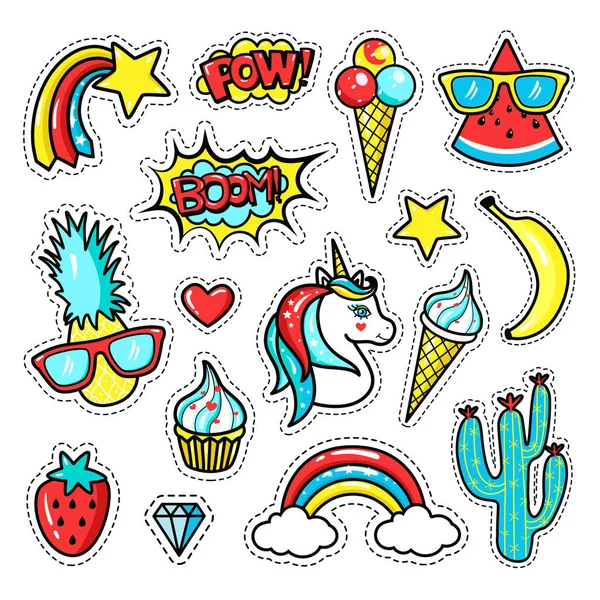 Insignias Parche Moda Con Unicornio Labios Corazones Estrellas Burbujas Del — Vector de stock