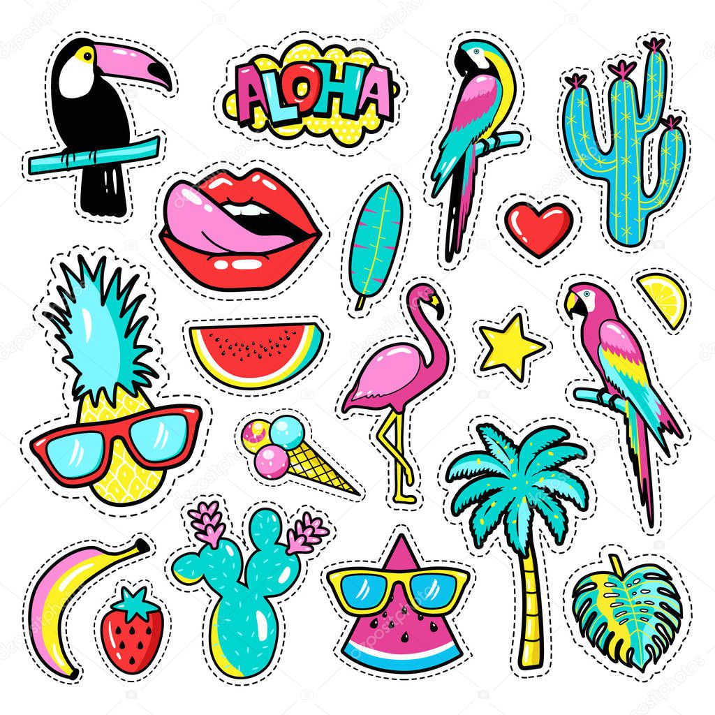 Fashion tropical patch badges with toucan, flamingo, parrot, exotic leaves, hearts, stars, lips, speech bubbles, pineapple. Vector illustration in cartoon 80s-90s style