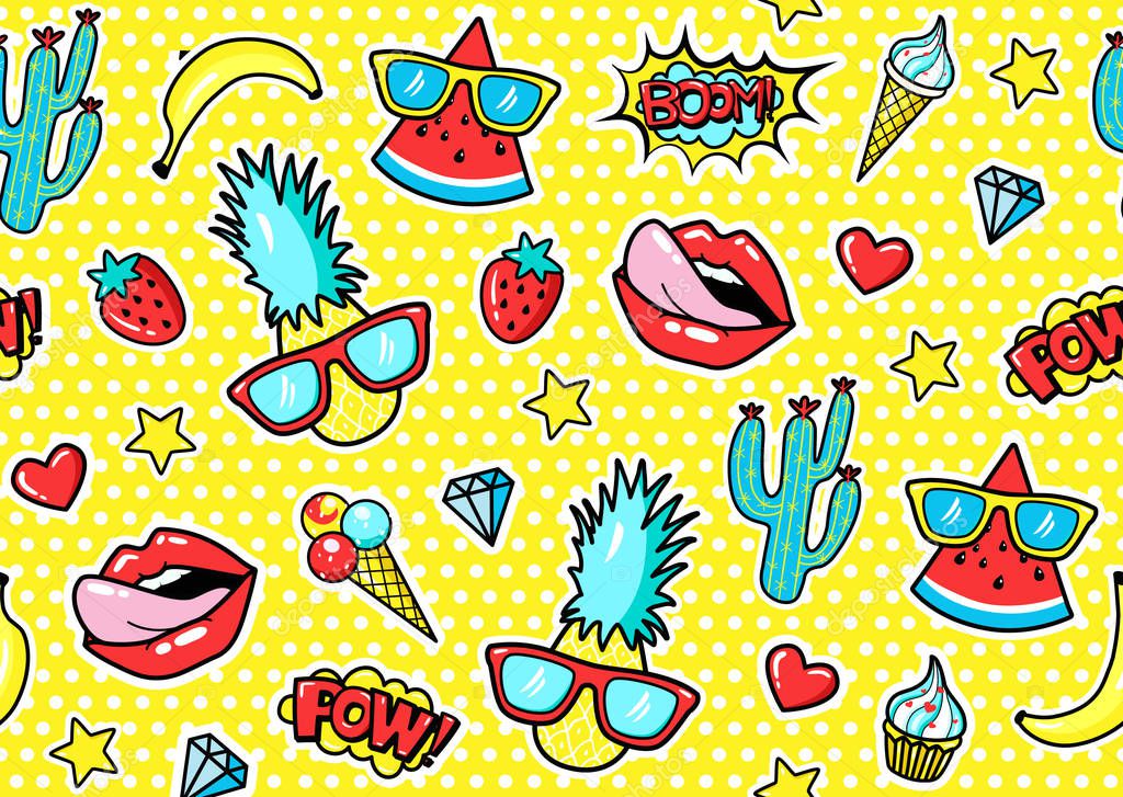 Seamless pattern with fashion patch badges with pineapple, lips, hearts, speech bubbles.  Vector illustration in cartoon 80s-90s style