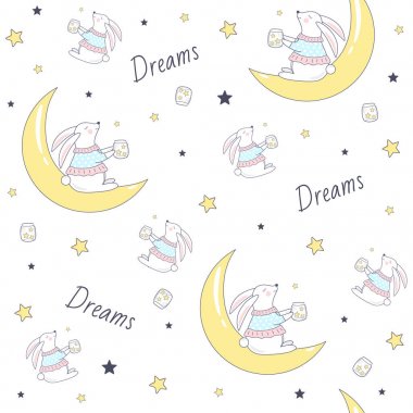 Ay'da tavşanlı seamless modeli. Vektör Illustratio