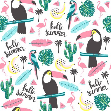 Yaz desen. Tukan, papağan, flamingo ve egzotik bırakır. Vektör çizim
