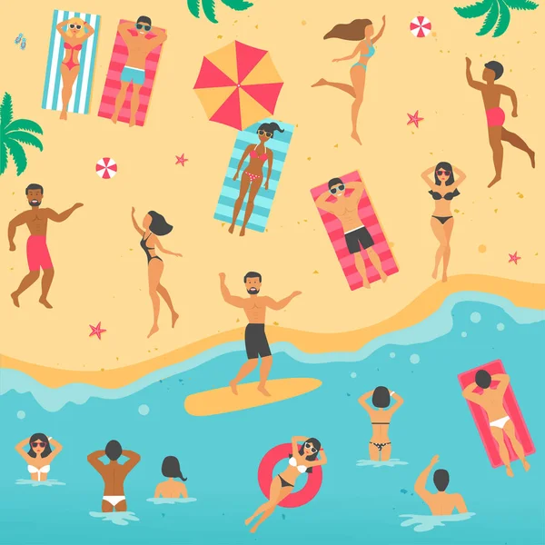 Διάνυσμα Κινουμένων Σχεδίων Επίπεδη Εικόνα Ανθρώπους Στην Παραλία Καλοκαίρι — Διανυσματικό Αρχείο
