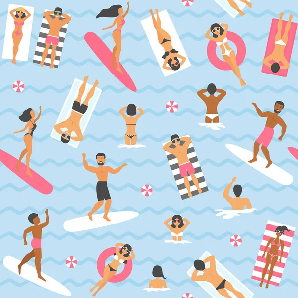 People Swimming Sea Seamless Pattern Vector Illustration — Stock Vector