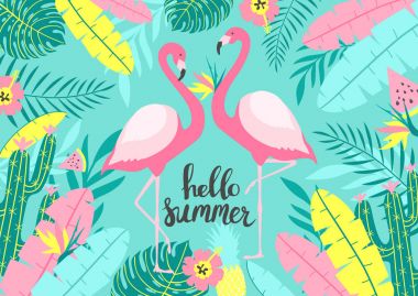 Yazıt - Merhaba yaz ile iki şirin flamingolar tropikal arka plan ile. Baskı tasarımı için. Vektör çizim