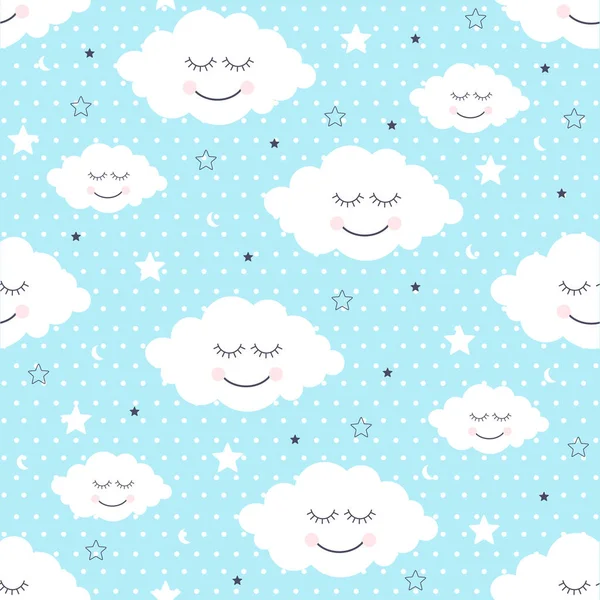 Patrón Sin Costuras Con Sonrientes Nubes Estrellas Dormidas Ilustración Vectorial — Vector de stock
