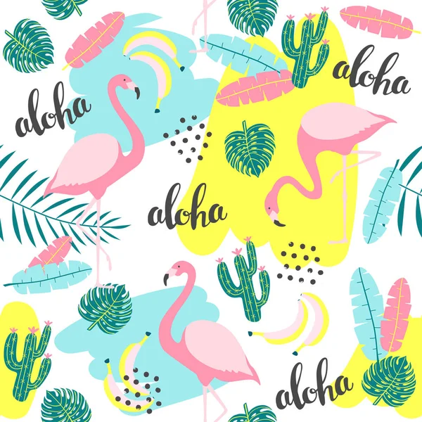 Tropiska Sömlösa Mönster Med Flamingo Och Exotiska Blad Vektorillustration — Stock vektor