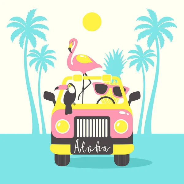 Cartel Verano Aloha Con Tucán Flamenco Loro Piña Coche Puede — Vector de stock