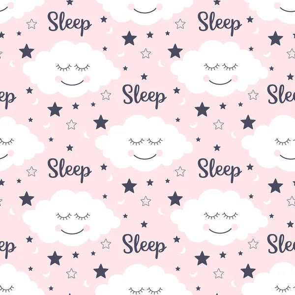 Nahtloses Muster Mit Lächelnden Schlafenden Wolken Und Sternen Vektorillustration — Stockvektor