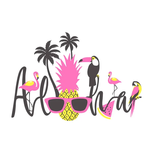 Aloha Summer Poster Met Toucan Flamingo Papegaai Ananas Palm Vectorillustratie — Stockvector